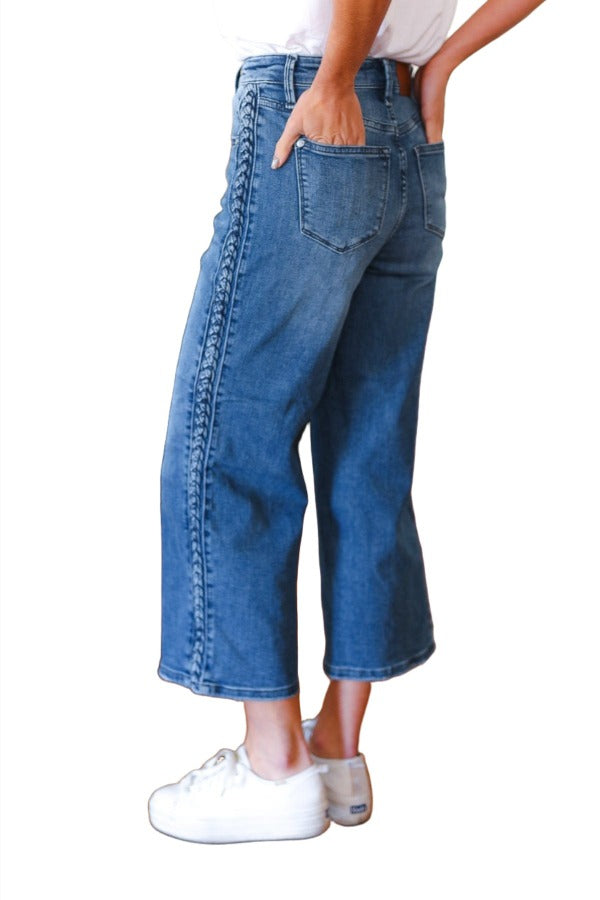 Judy Blue Medium Wash Braided Cropped Wide Leg Jeans Judy Blue