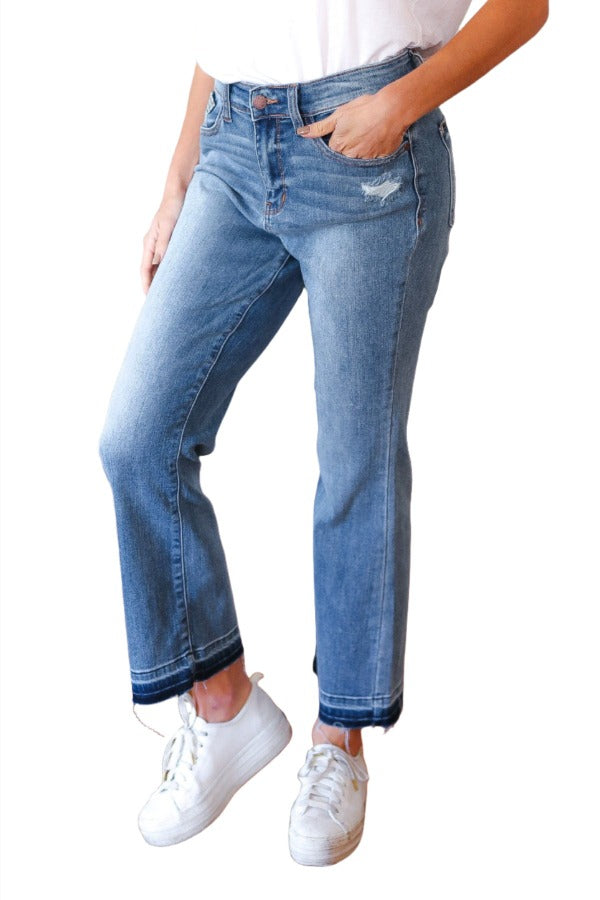 Judy Blue Medium Wash Release Hem Cropped Bootcut Jeans Judy Blue
