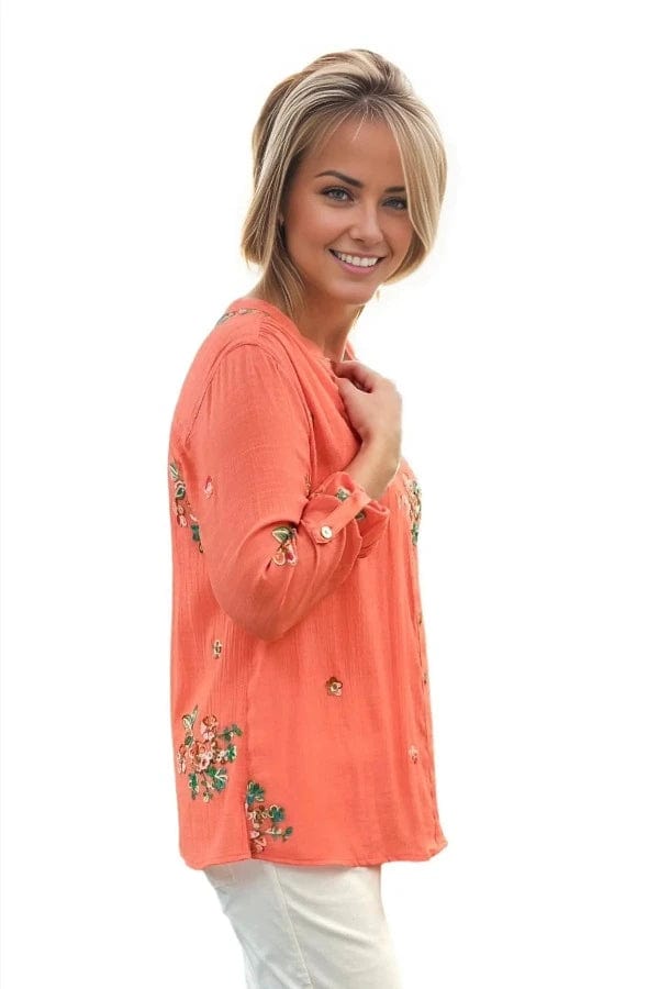 top Multiples Allure Embroidered Button Up Shirt i Coral Multiples Clothing Co.