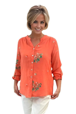 top Multiples Allure Embroidered Button Up Shirt i Coral Multiples Clothing Co.