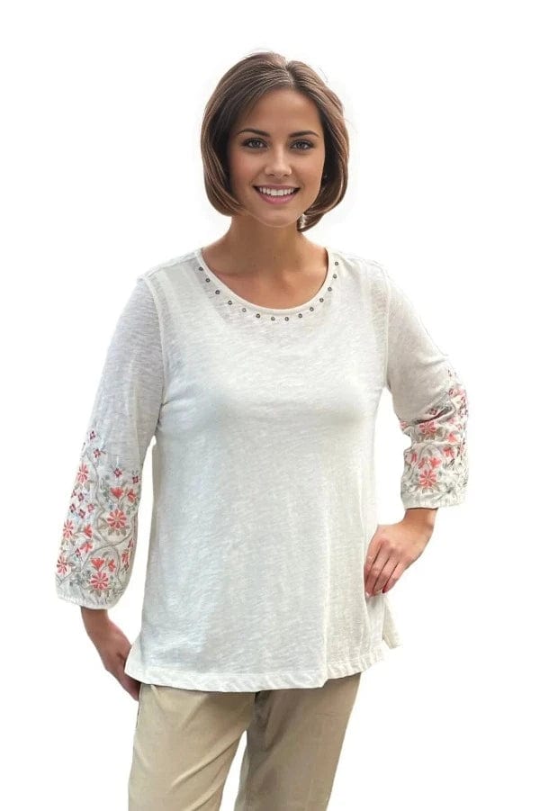 Top Multiples Allure Embroidered Sleeve Top in Ivory Multiples Clothing Co.