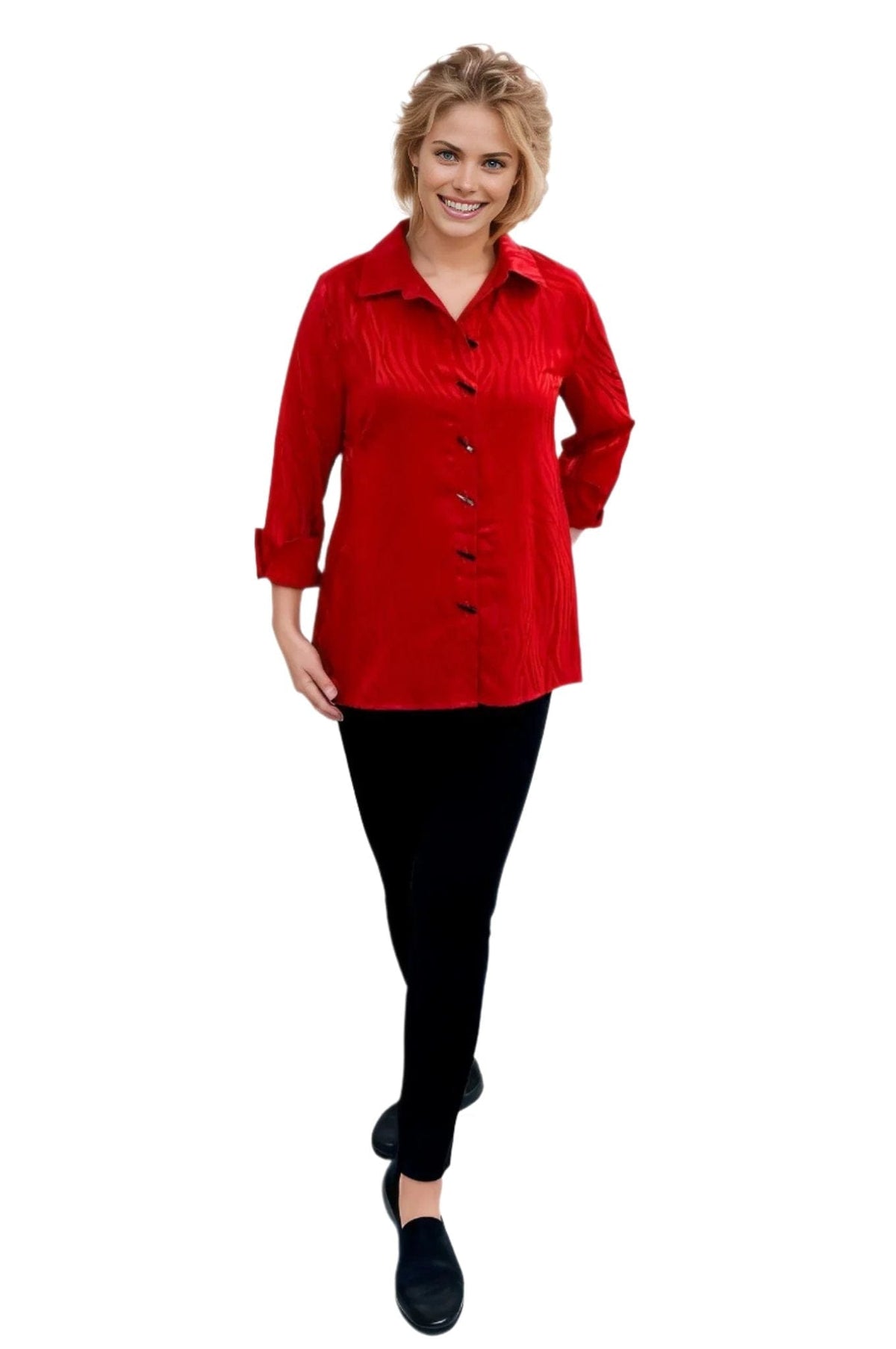 top Multiples Jacquard Button Up Shirt in Red Multiples Clothing Co.