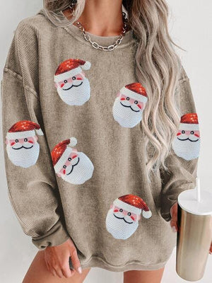 Sequin Santa Patch Ribbed Sweatshirt Camel / S Trendsi