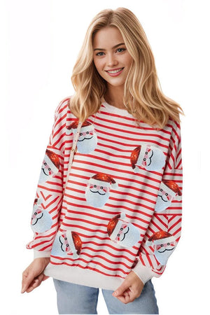 Christmas top Sequin Santa Striped Round Neck Long Sleeve Sweatshirt Trendsi