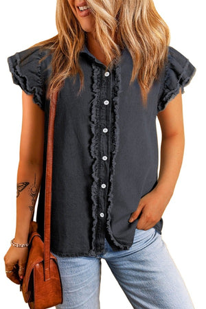 Raw Hem Button Up Cap Sleeve Denim Top Dark / S Trendsi