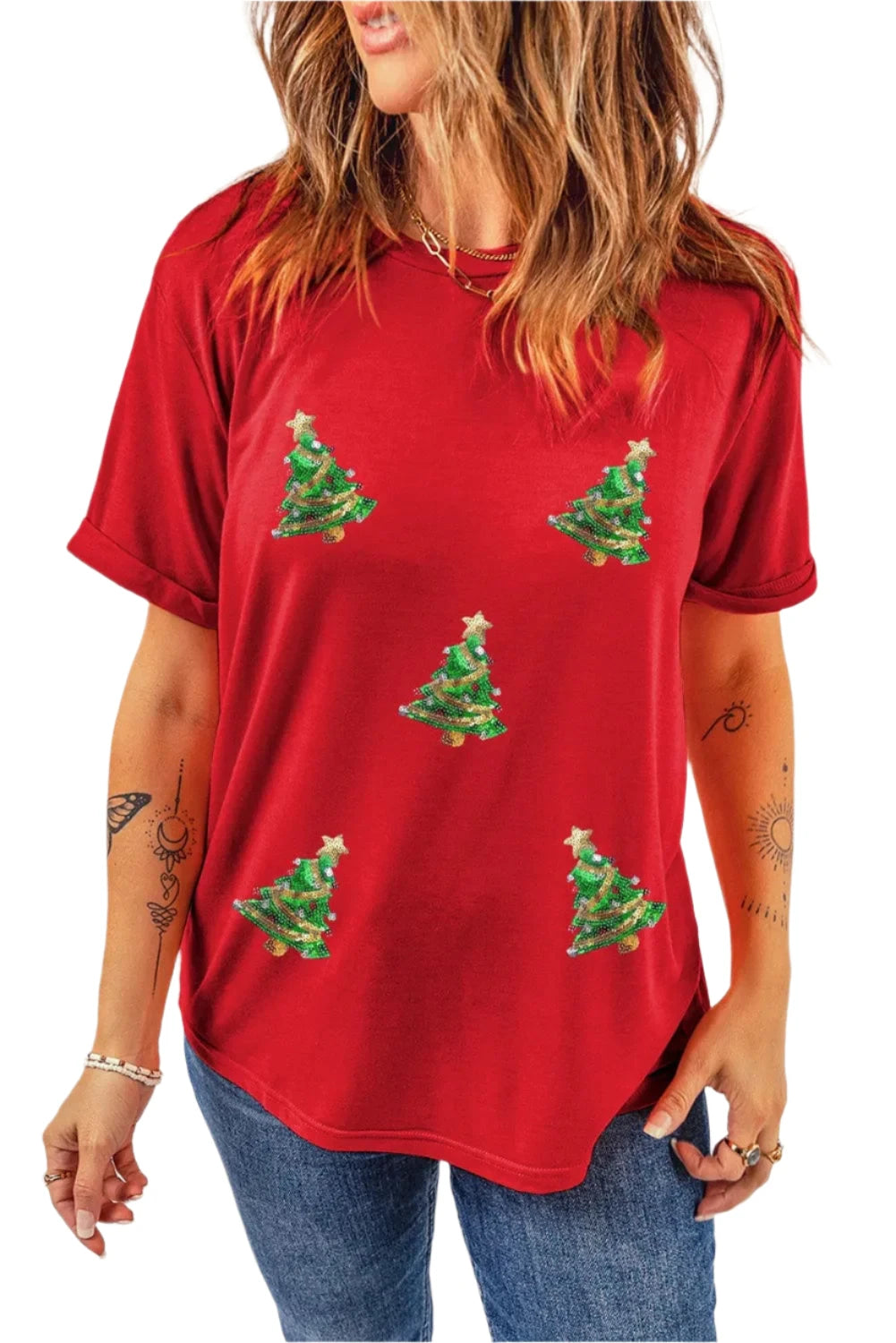 Sequin Christmas Tree Round Neck Short Sleeve T-Shirt Deep Red / S Trendsi