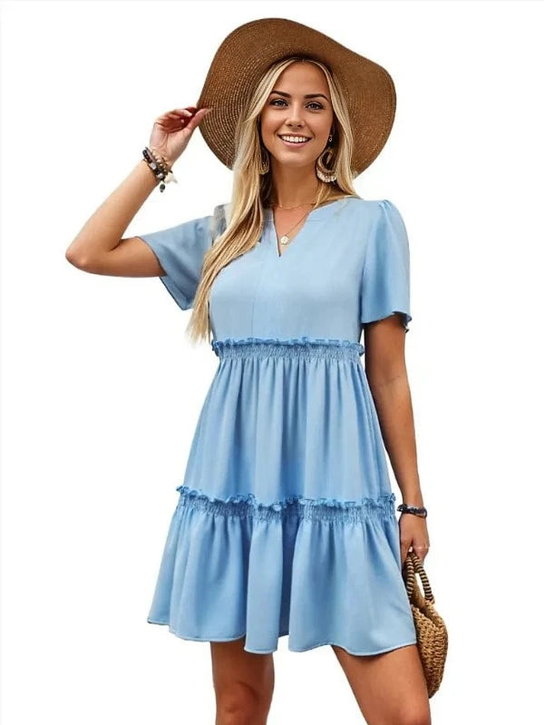 Dress Frill Notched Short Sleeve Mini Dress Trendsi