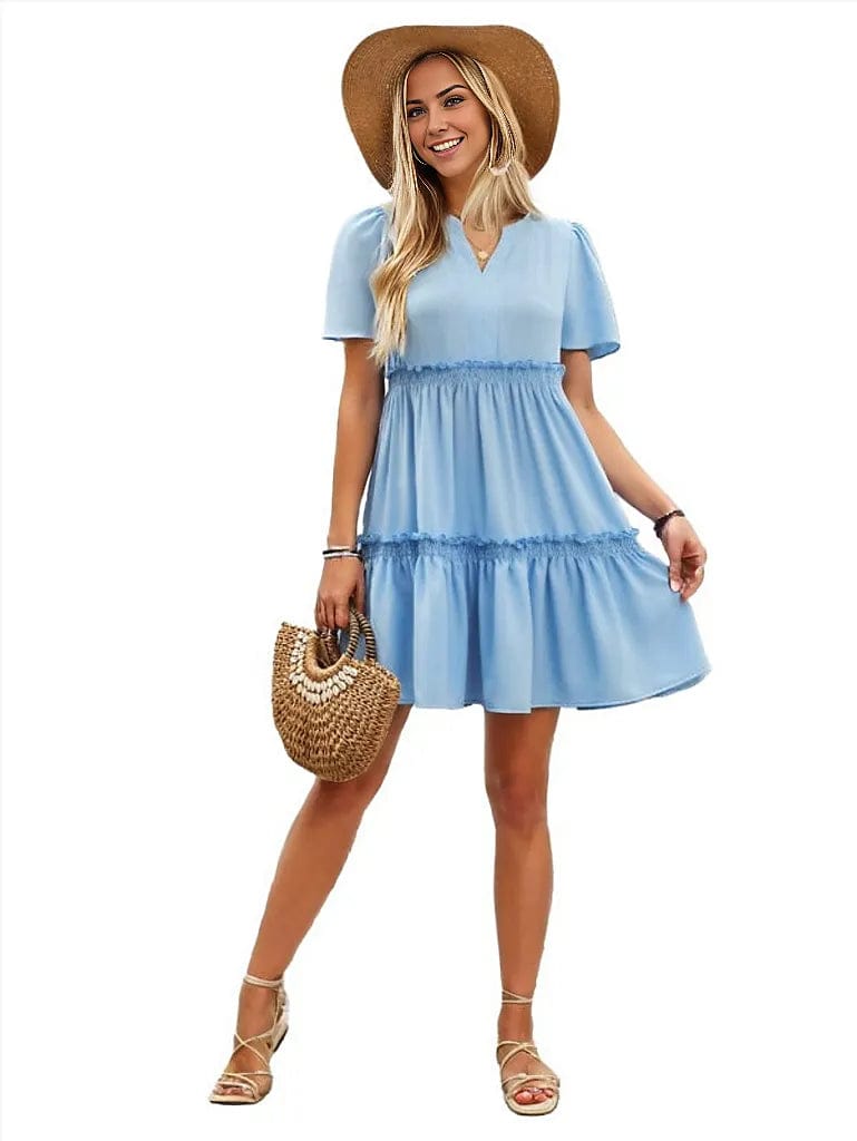 Dress Frill Notched Short Sleeve Mini Dress Trendsi