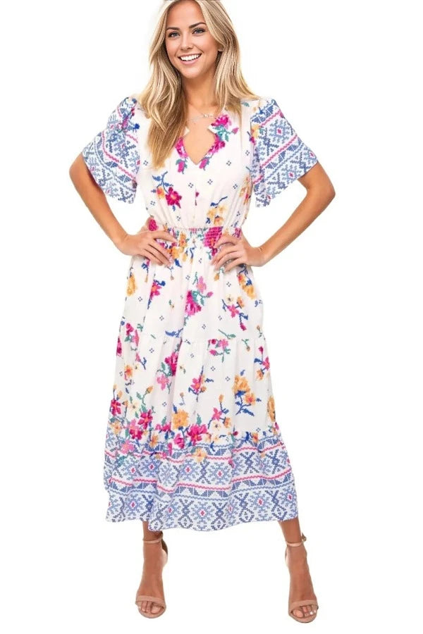 dress Haptics Printed Notched Short Sleeve Tiered Dress Trendsi