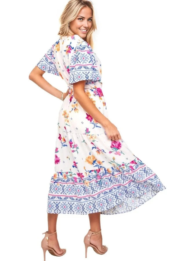 dress Haptics Printed Notched Short Sleeve Tiered Dress Trendsi