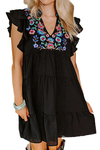 dresses Embroidered Ruffled Cap Sleeve Mini Dress in Black Trendsi