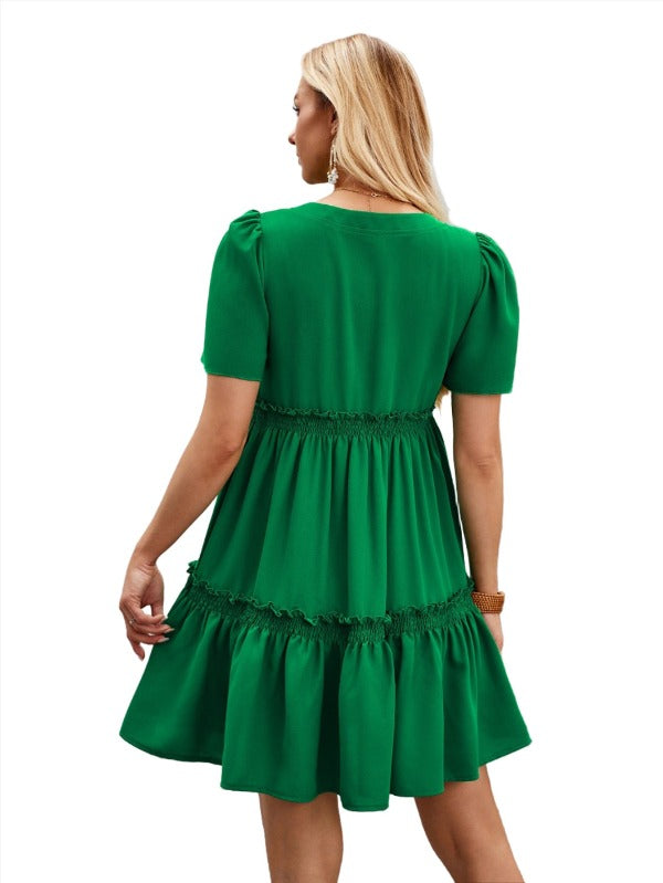 Frill Notched Short Sleeve Mini Dress Trendsi