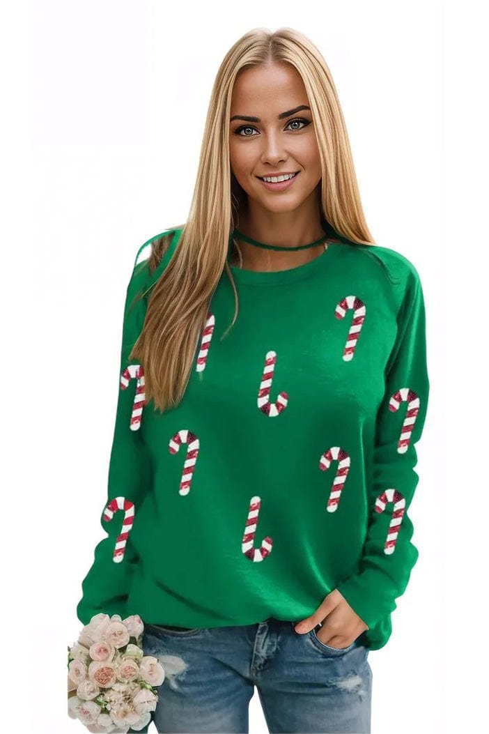 Graphic Sweatshirt Candy Cane Round Neck Christmas Sweatshirt Dark Green / S Trendsi