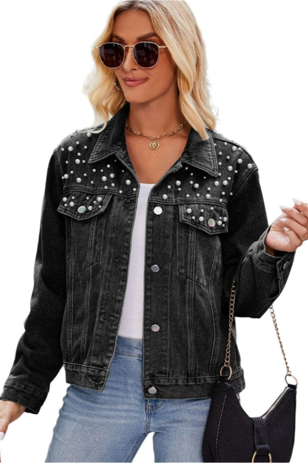 Jacket Pearl Detail Collared Neck Long Sleeve Denim Jacket Black / S Trendsi