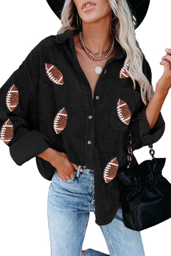 Jacket Sequin Football Button Up Long Sleeve Jacket Black / S Trendsi