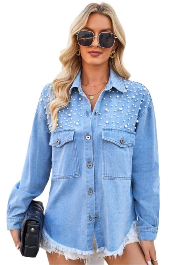 Jacket Pearl Detail Pocketed Button Up Denim Shirt Blue / S Trendsi