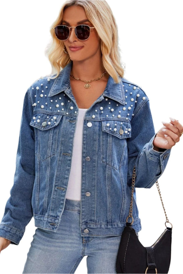 Jacket Pearl Detail Collared Neck Long Sleeve Denim Jacket Denim / S Trendsi