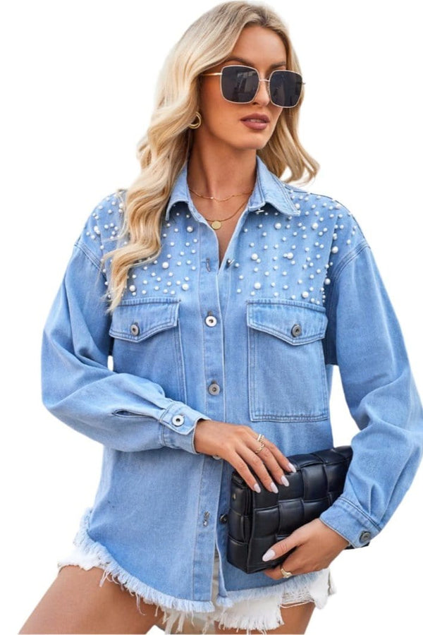 Jacket Pearl Detail Pocketed Button Up Denim Shirt Trendsi