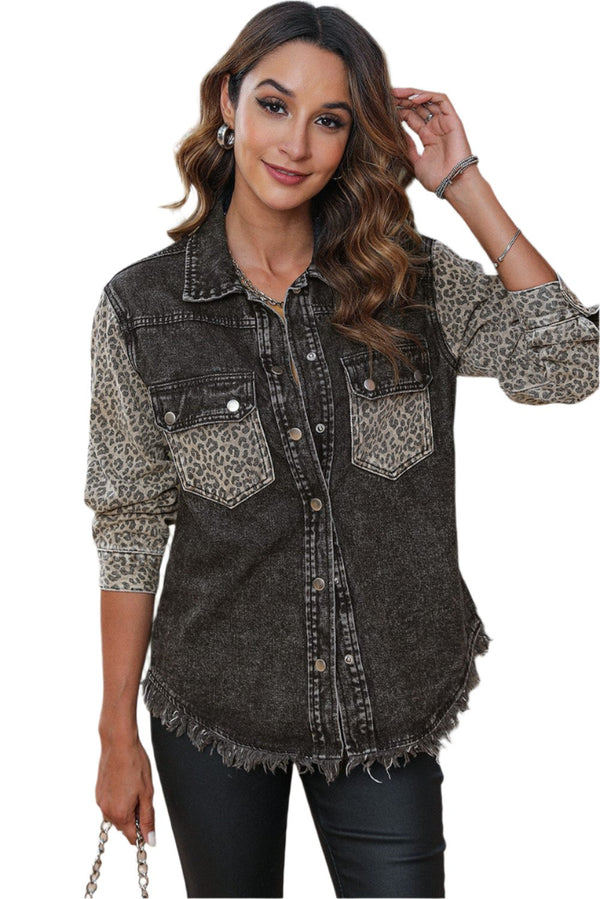 Jacket Pocketed Leopard Snap Down Denim Jacket Trendsi