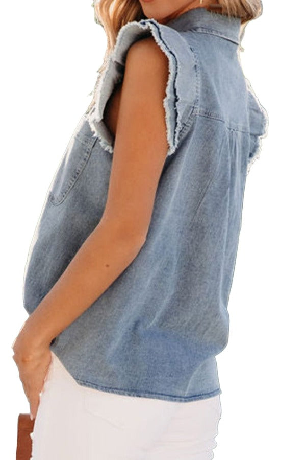 Raw Hem Button Up Cap Sleeve Denim Top Trendsi