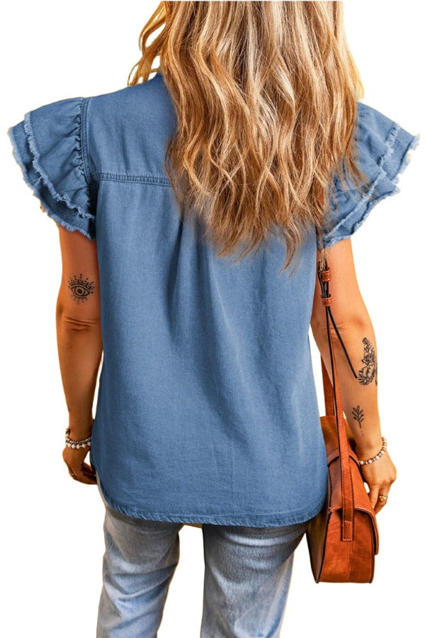 Raw Hem Button Up Cap Sleeve Denim Top Trendsi