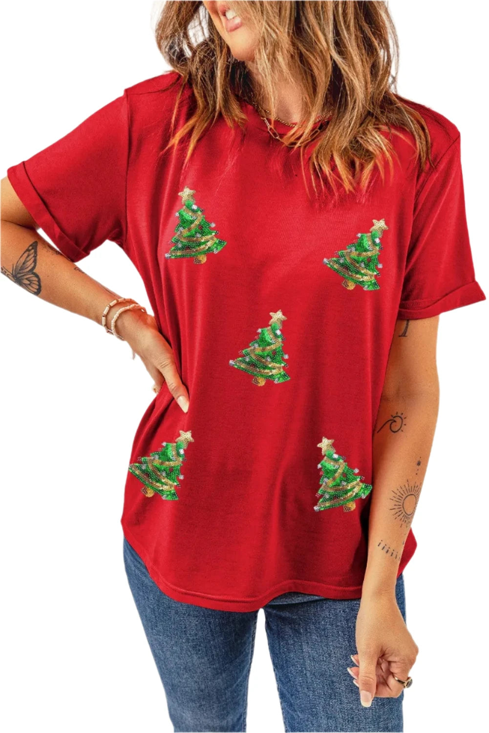 Sequin Christmas Tree Round Neck Short Sleeve T-Shirt Trendsi