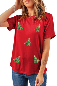 Sequin Christmas Tree Round Neck Short Sleeve T-Shirt Trendsi