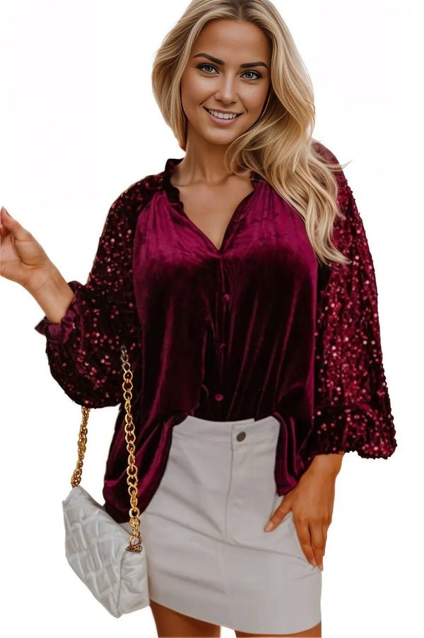 Sequin Notched Long Sleeve Blouse Trendsi