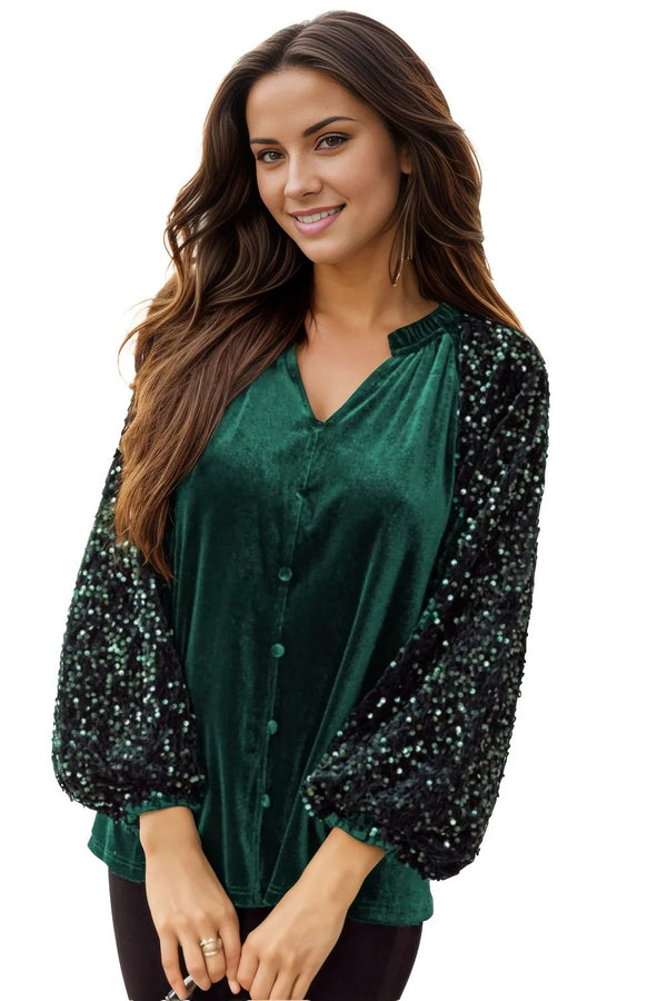 Sequin Notched Long Sleeve Blouse Trendsi