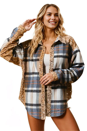 Shacket BiBi Curved Hem Sequin Plaid Button Up Shacket Latte / S Trendsi