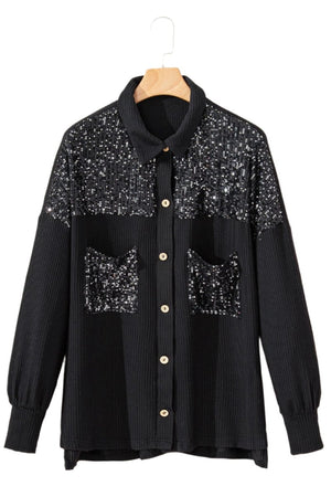 Shirt Sequin Button Up Dropped Shoulder Jacket Black / S Trendsi