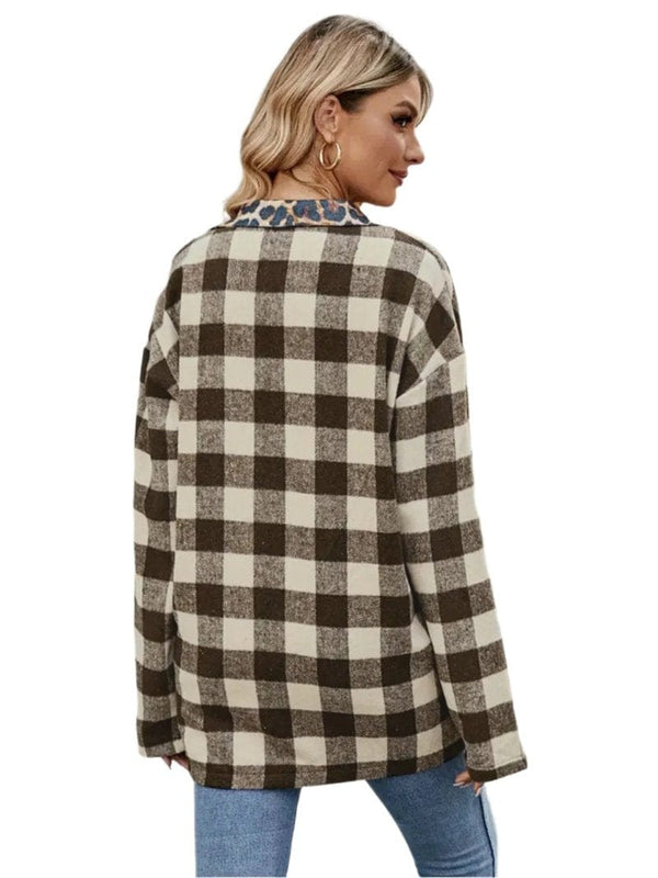 shirt Leopard Trim Plaid Collared Neck Long Sleeve Shirt Trendsi