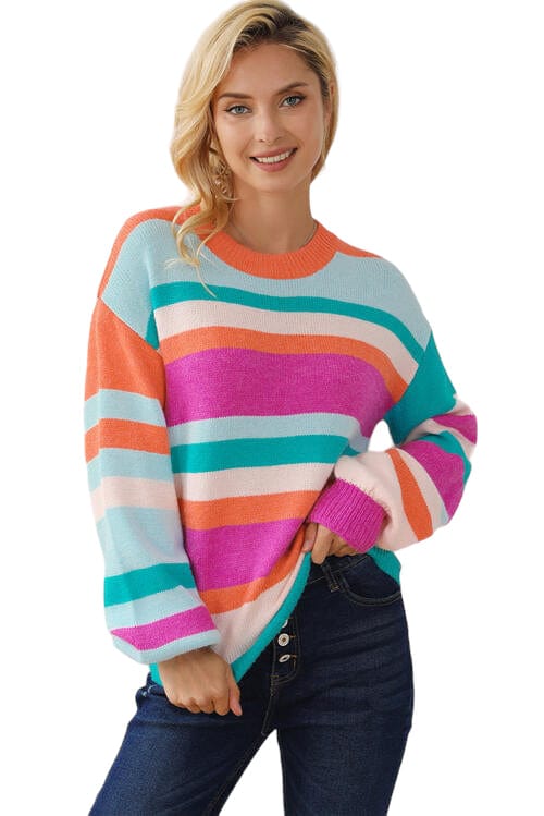 sweaters Striped Round Neck Long Sleeve Knit Top Trendsi