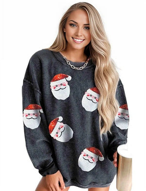 Sweatshirt Sequin Santa Patch Ribbed Sweatshirt Trendsi