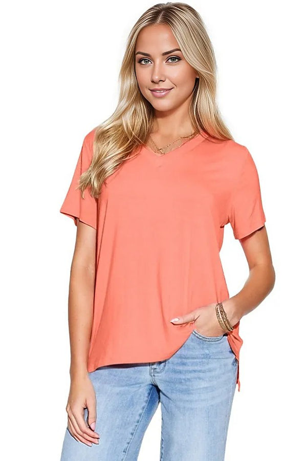 T-Shirt Basic Bae Bamboo Full Size V-Neck High-Low T-Shirt Coral / S Trendsi