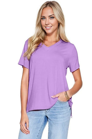 T-Shirt Basic Bae Bamboo Full Size V-Neck High-Low T-Shirt Lavender / 2XL Trendsi