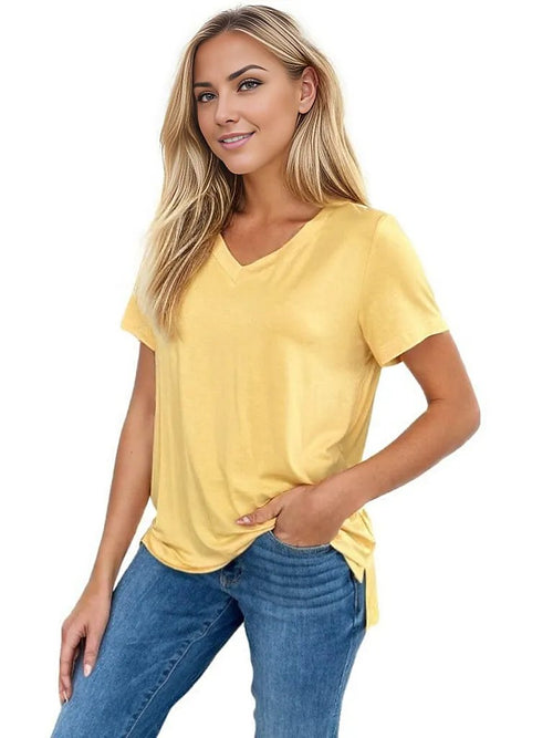 T-Shirt Basic Bae Bamboo Full Size V-Neck High-Low T-Shirt Yellow / S Trendsi