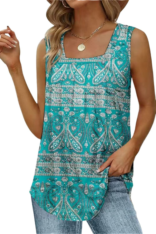 Tank top Printed Square Neck Curved Hem Tank Turquoise / S Trendsi