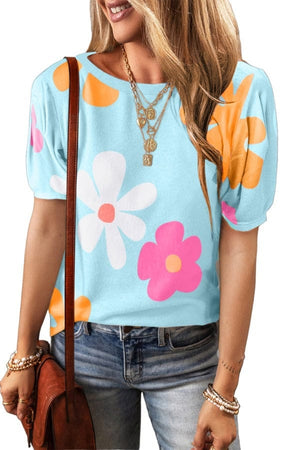 top Flower Round Neck Short Sleeve Blouse Aqua / S Trendsi