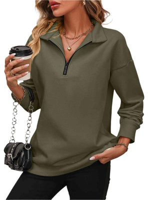 Top Zip-Up Dropped Shoulder Sweatshirt Army Green / S Trendsi