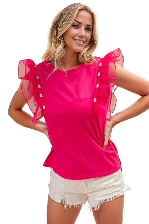 top BiBi Pearl Decor Mesh Ruffle Sleeve Top in Fuchsia Trendsi