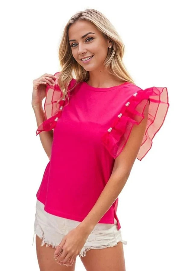 top BiBi Pearl Decor Mesh Ruffle Sleeve Top in Fuchsia Trendsi