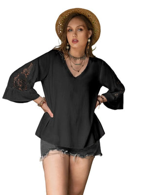 Top Plus Size Flower Crochet Flare Sleeve Top in Hot Pink or Black Black / 0XL Trendsi