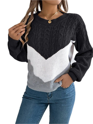 top Cable-Knit Color Block Round Neck Sweater Black / S Trendsi