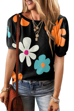 top Flower Round Neck Short Sleeve Blouse Black / S Trendsi