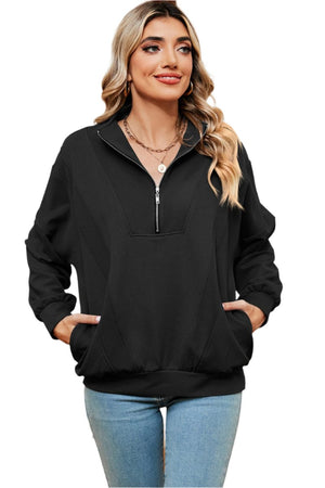 top Half Zip Dropped Shoulder Sweatshirt Black / S Trendsi