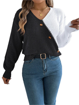 top Two-Tone V-Neck Long Sleeve Sweater Black / S Trendsi