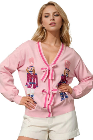 top Double Take  Nutcracker Sequin Bow Cardigan Blush Pink / S/M Trendsi