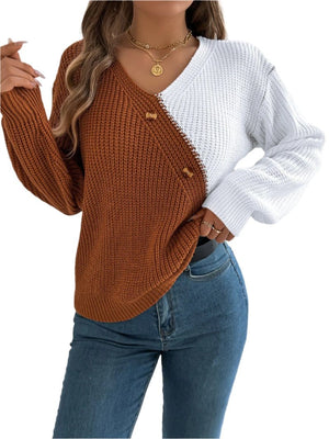 top Two-Tone V-Neck Long Sleeve Sweater Brown / S Trendsi