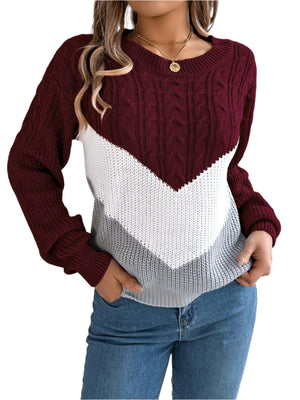 top Cable-Knit Color Block Round Neck Sweater Burgundy / S Trendsi